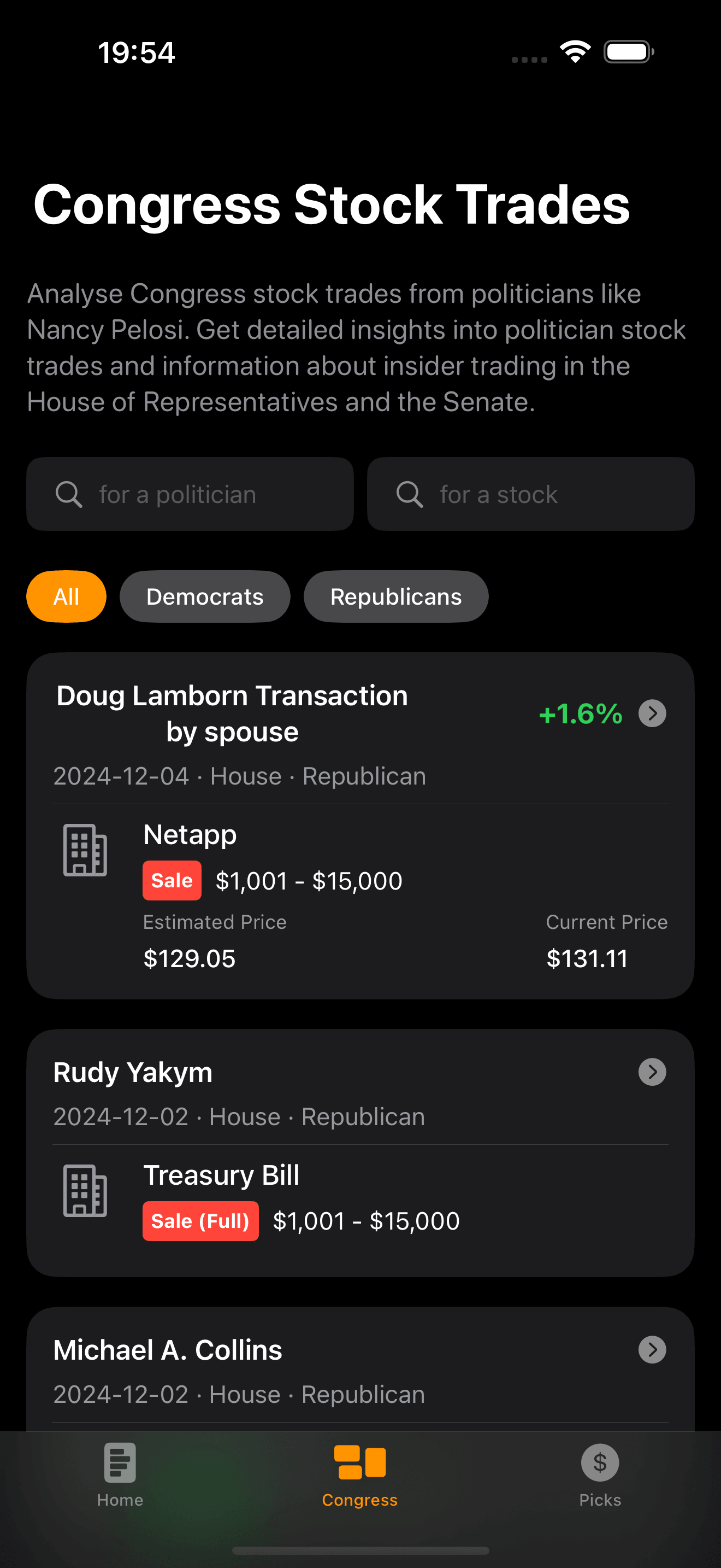 StockCircle App ChatGPT feature screenshot - Track top investors and congress trades