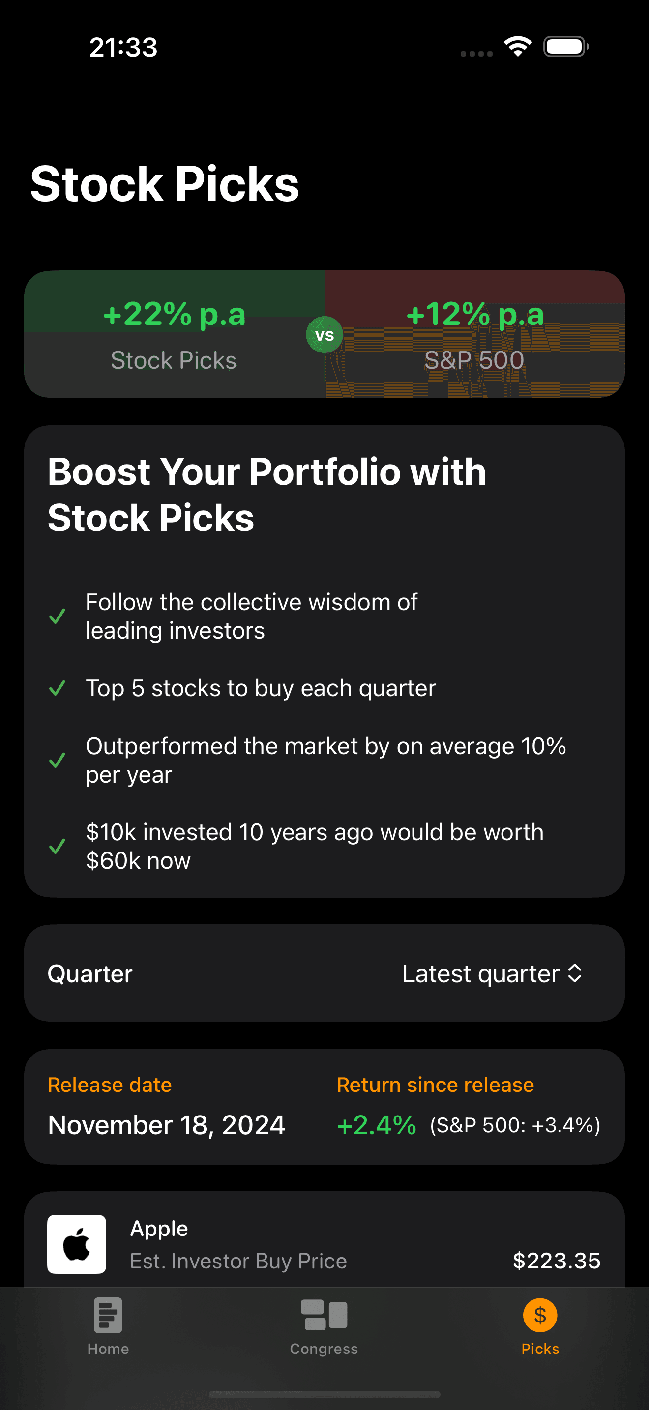 StockCircle App ChatGPT feature screenshot - Track top investors and congress trades